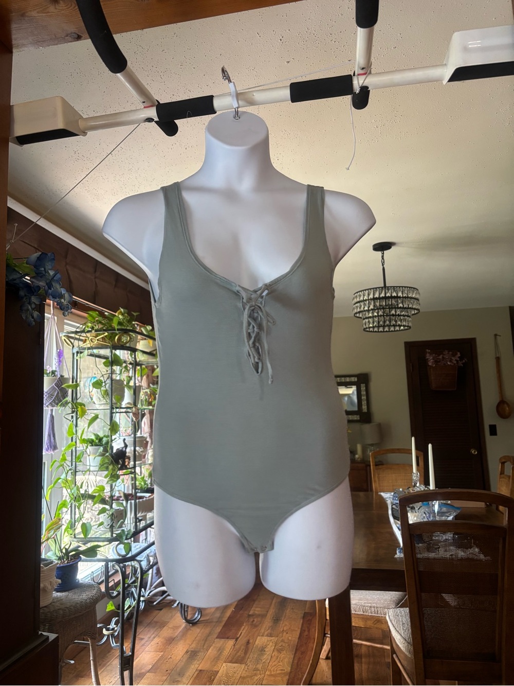 Me to We Sage Green Scoop Neck Lace Up Tank Bodysuit Cotton Blend Size Medium